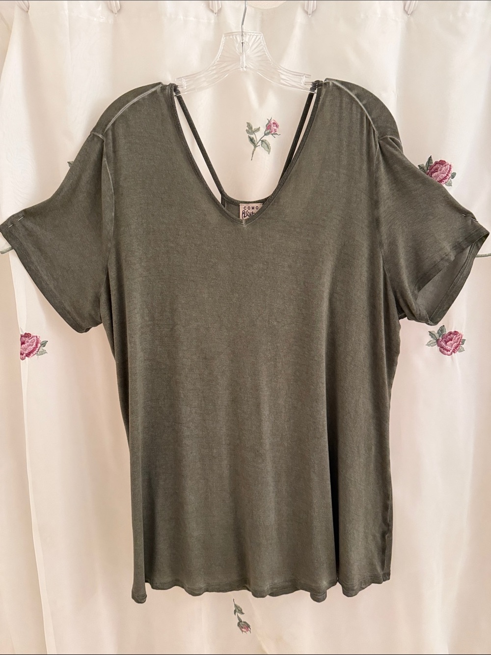 Como Vintage Olive Green V-Neck Double Strap Back Short Sleeve Tee